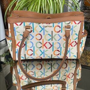 Calvin Klein Colorful Logo Shoulder Bag with Brown Accents